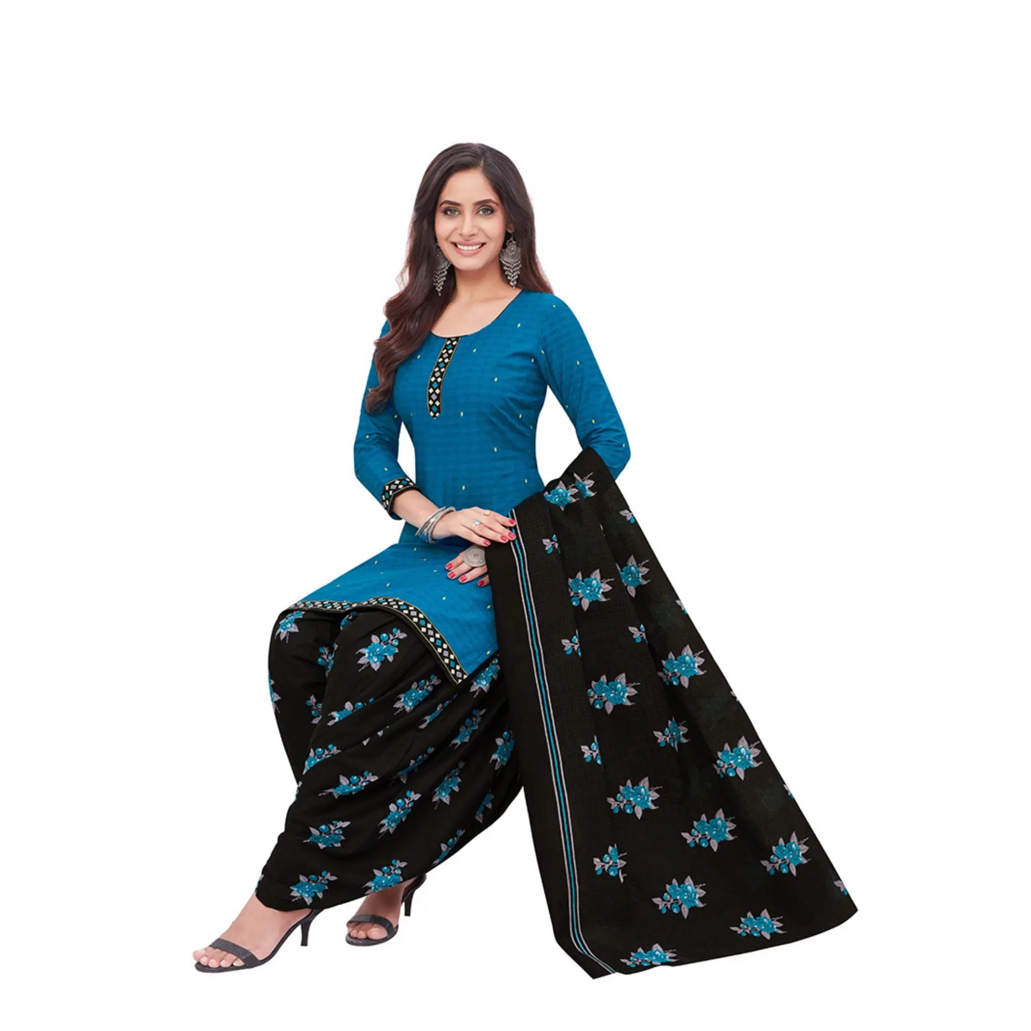Cotton U Neck Peacock Blue Top with Black Patilaya Pant and Dupatta Main image