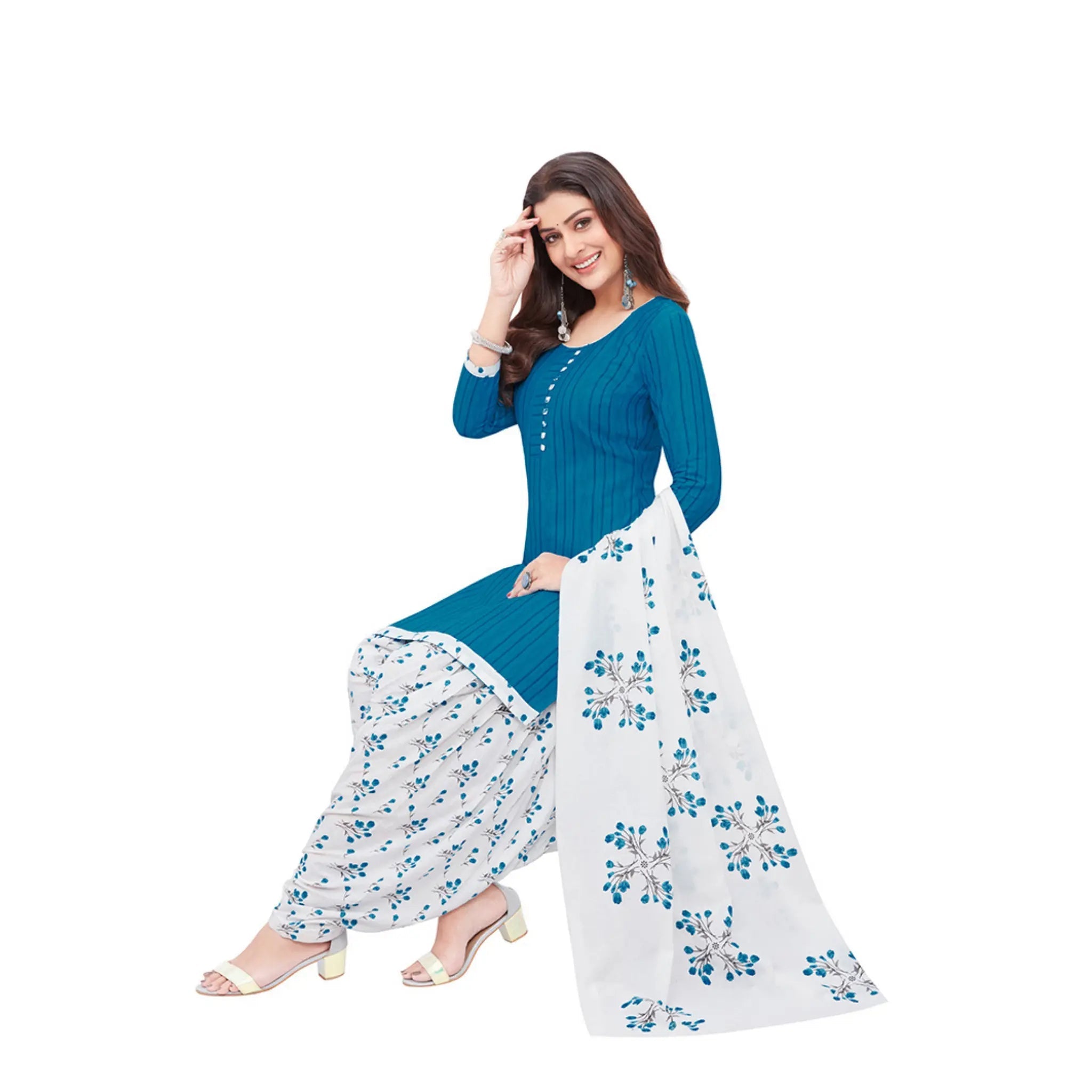 Cotton U Neck Peacock Blue Top with Patilaya Pant and Cotton Dupatta Main image