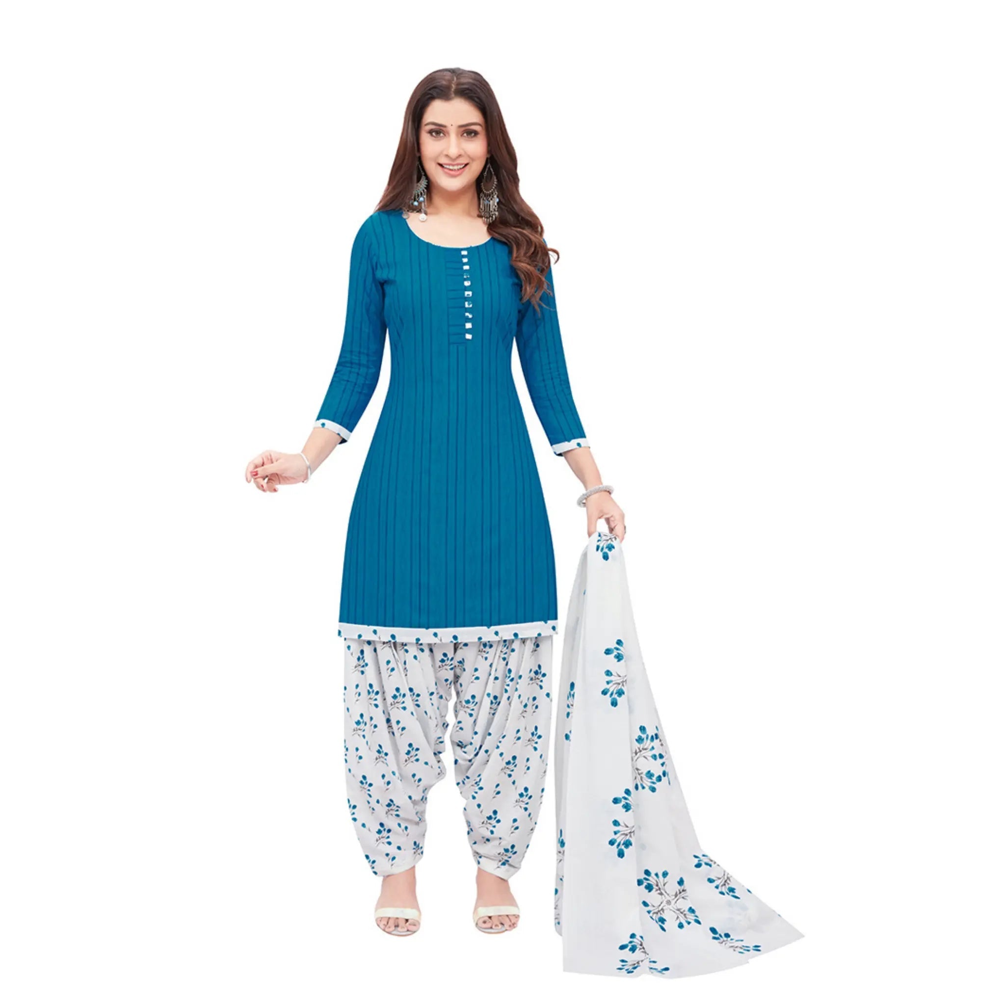 Cotton U Neck Peacock Blue Top with Patilaya Pant and Cotton Dupatta