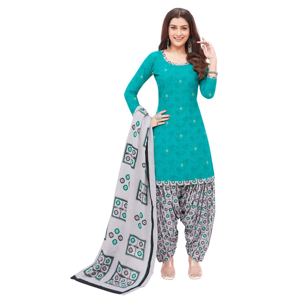 Cotton U Neck Persian Green Top with Grey Patilaya Pant and Dupatta