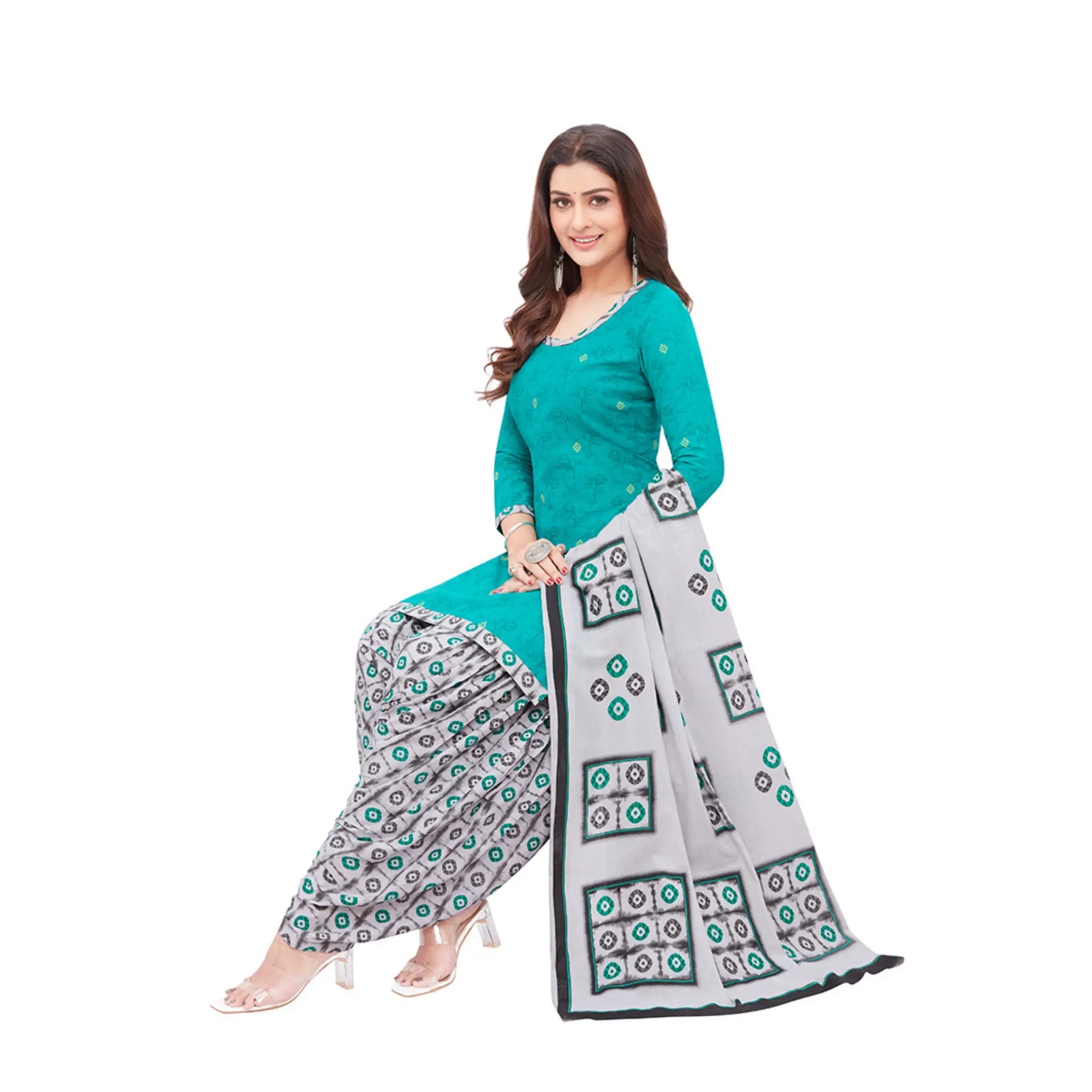 Cotton U Neck Persian Green Top with Grey Patilaya Pant and Dupatta Main image