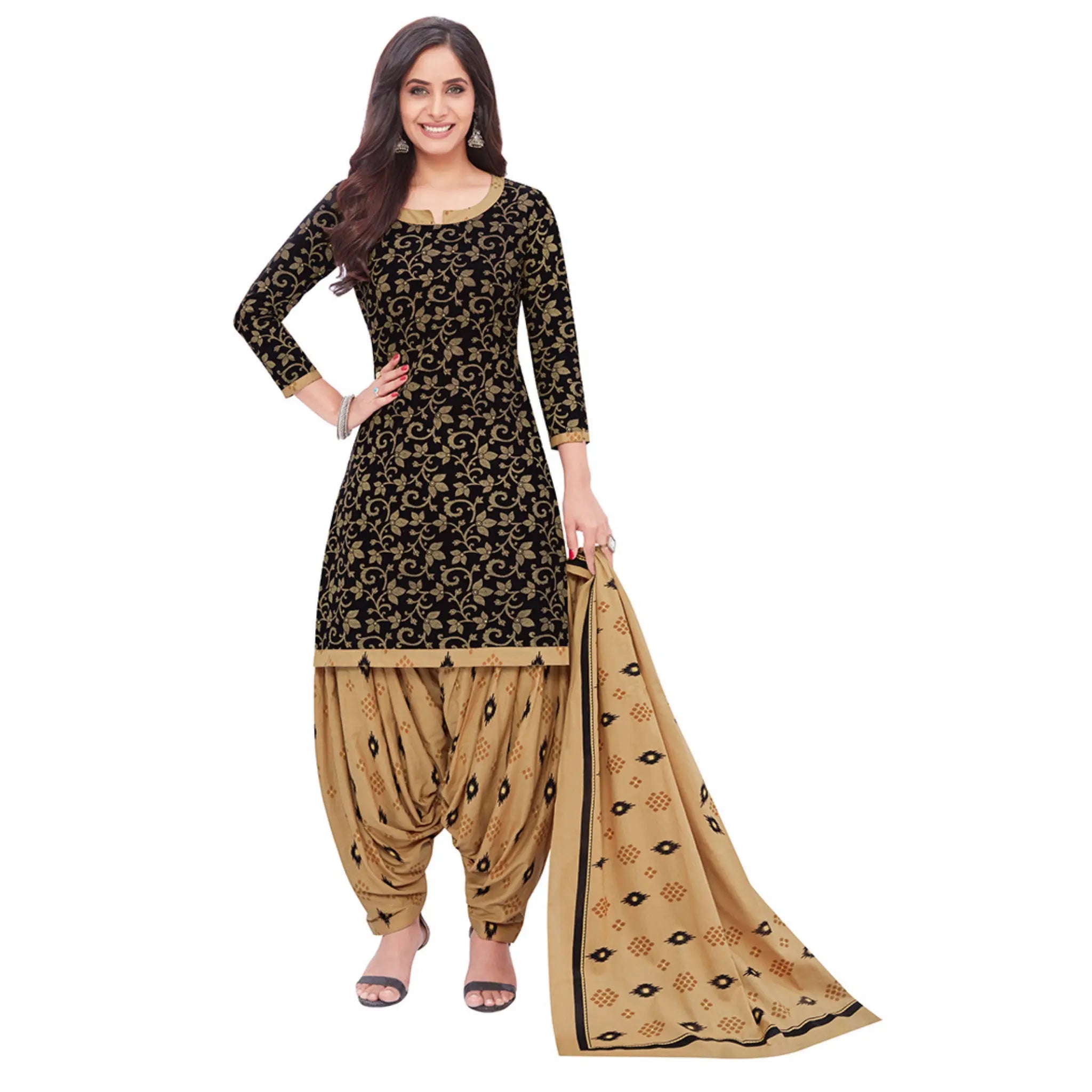 Cotton Grey Brown Top & French Beige Patilaya Pant and Dupatta