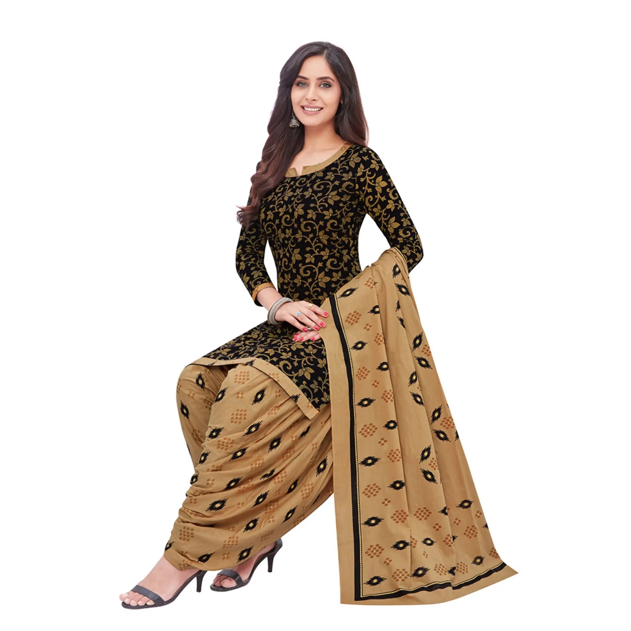 Cotton Grey Brown Top & French Beige Patilaya Pant and Dupatta Main image