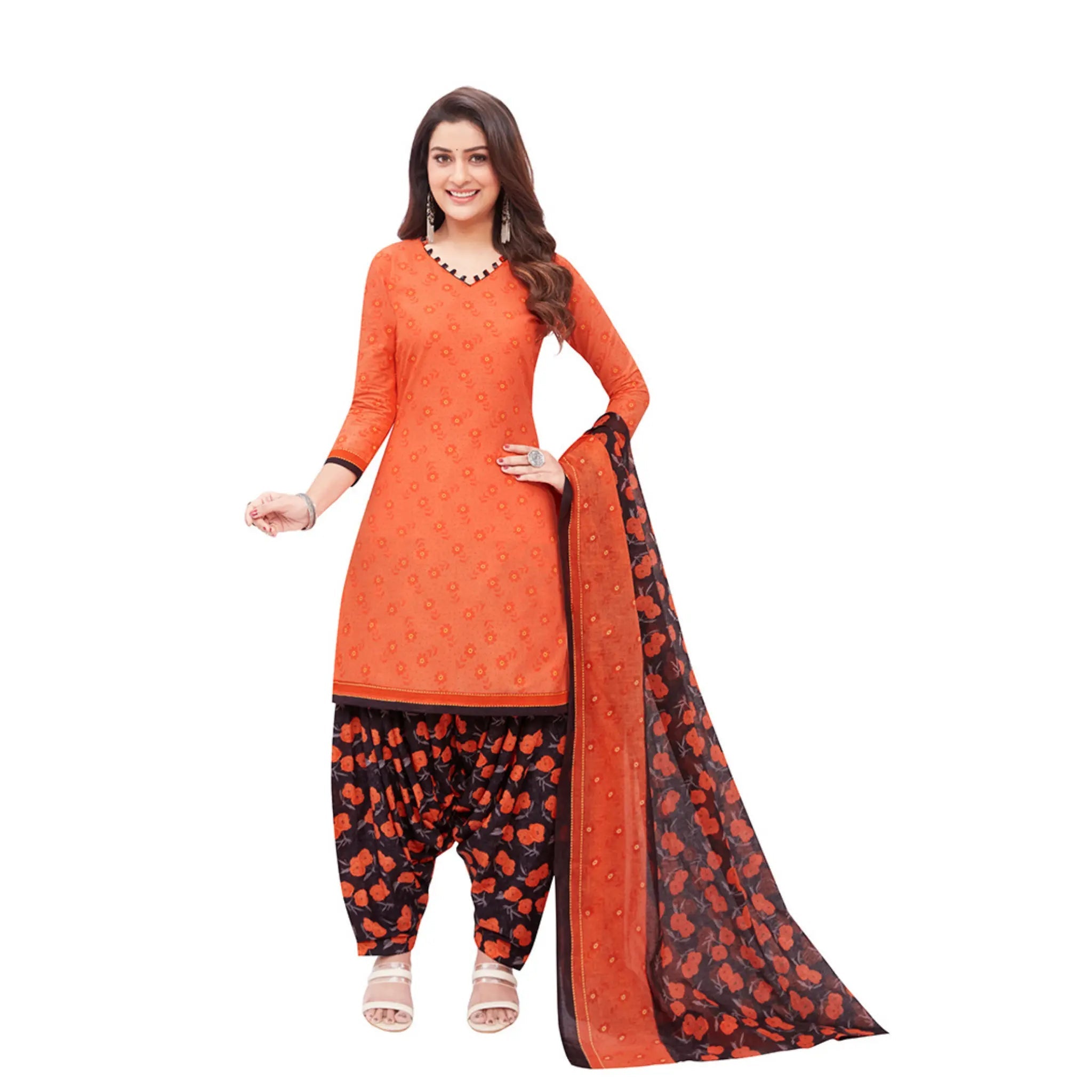 Cotton V Neck Orange Top with Black Floral Patilaya Pant and Dupatta Main image