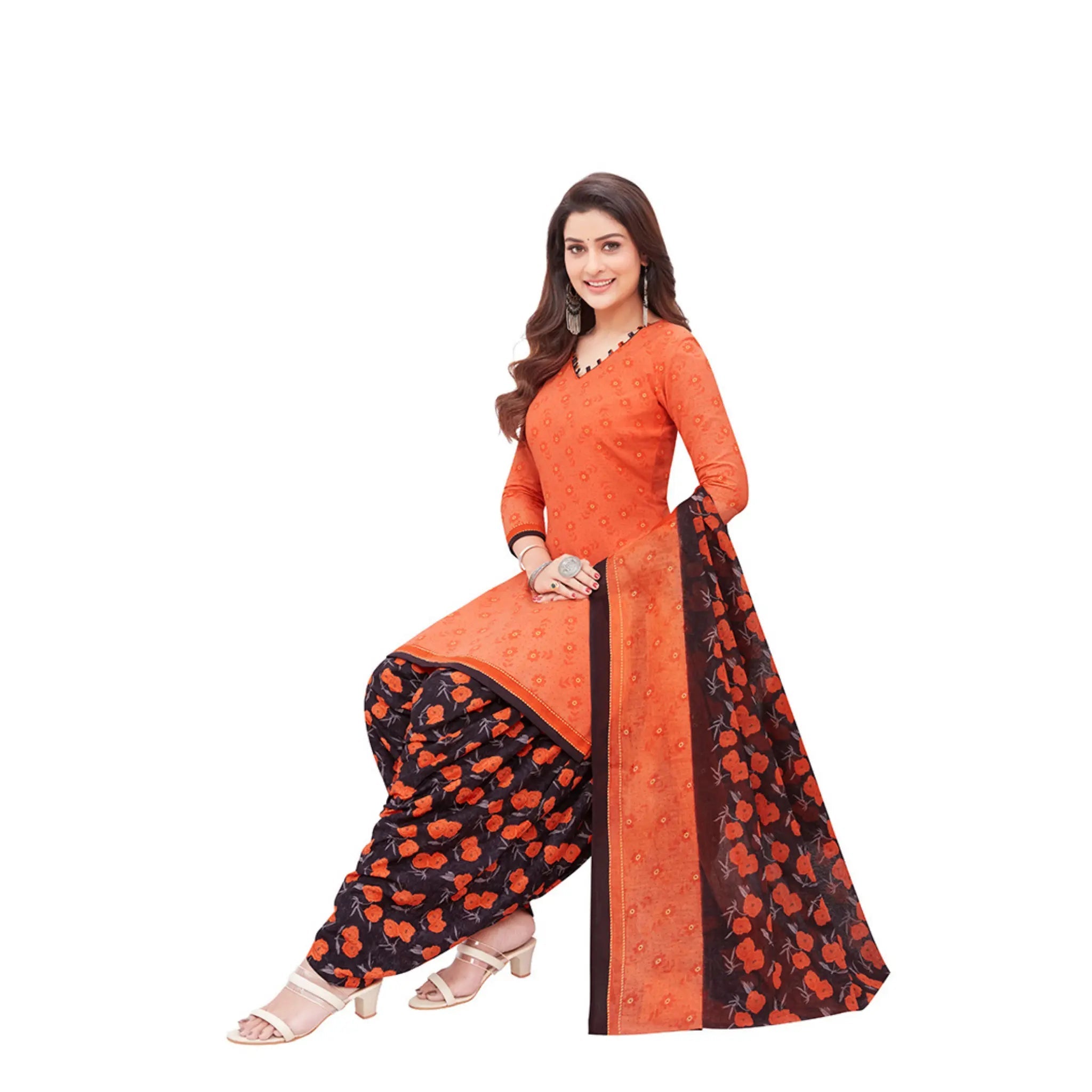 Cotton V Neck Orange Top with Black Floral Patilaya Pant and Dupatta
