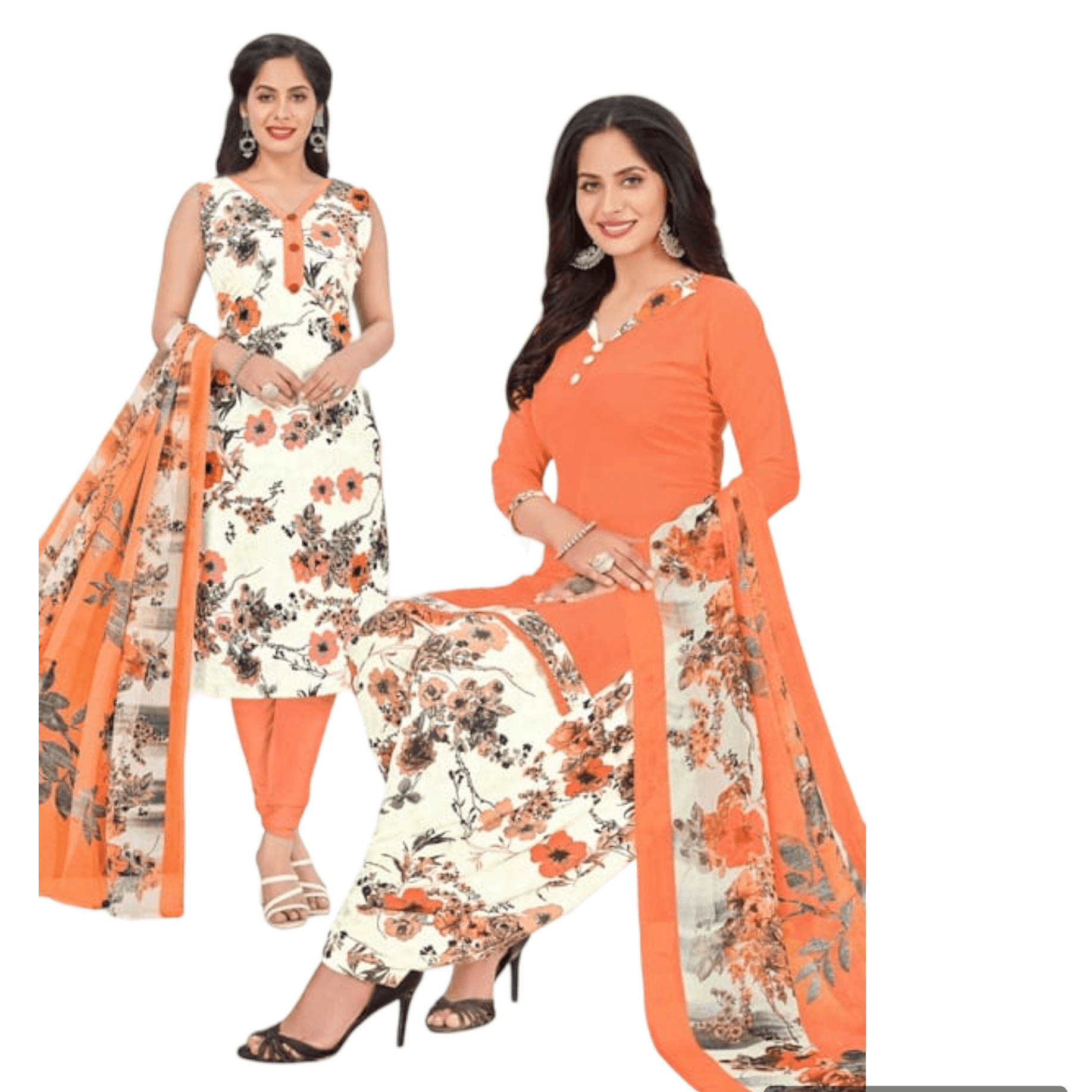 Explore our Vital Orange Churidar Top with White Patiala & Dupatta material set in Bavis Clothing Main image