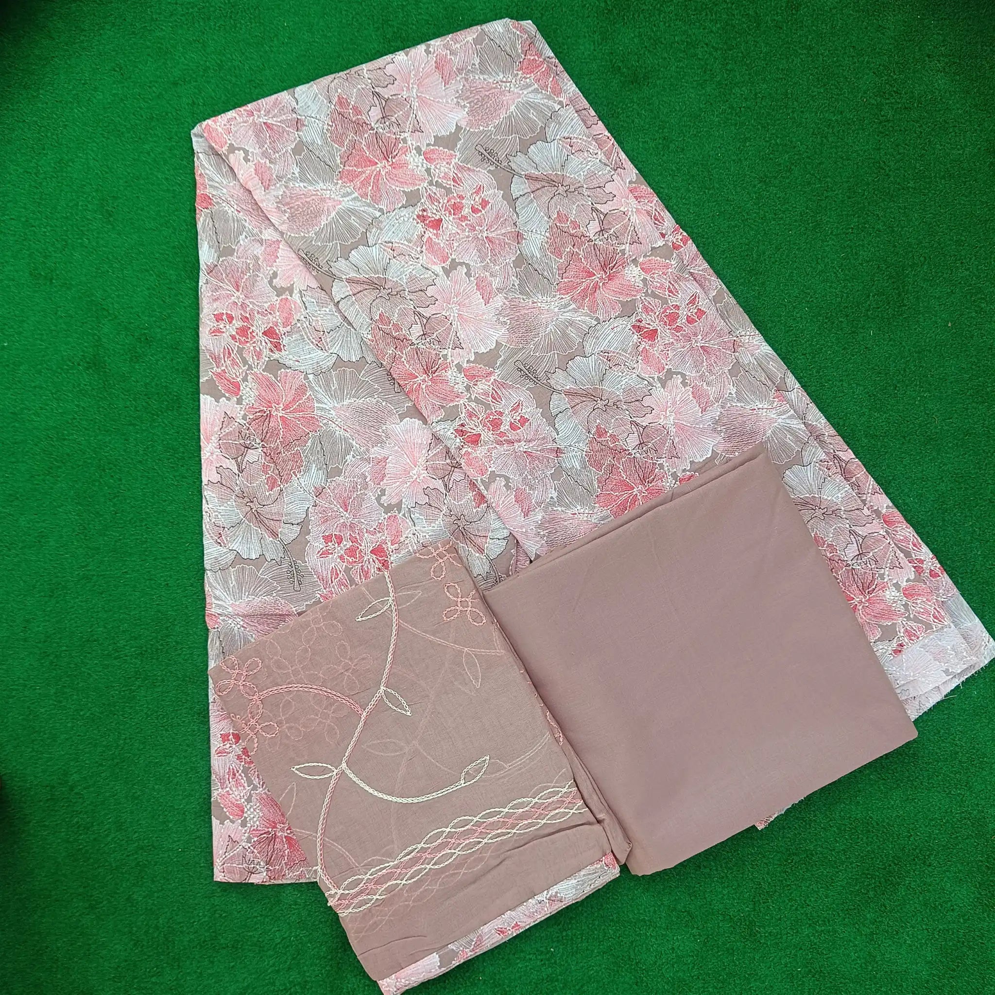 Warm Grey Floral Design Foil Print Unstitched Salwar Suit with Mal Dupatta Main image