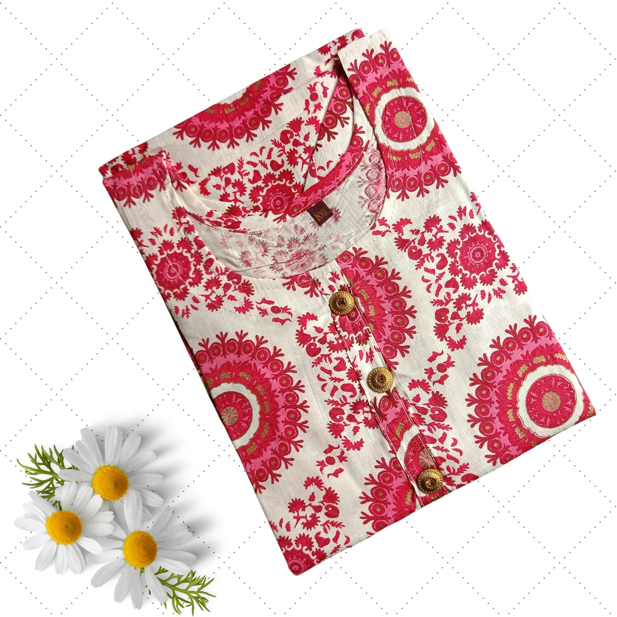 White Two Tone U Neck Pinkish Red Chakra Long Ghera Kurti Main image