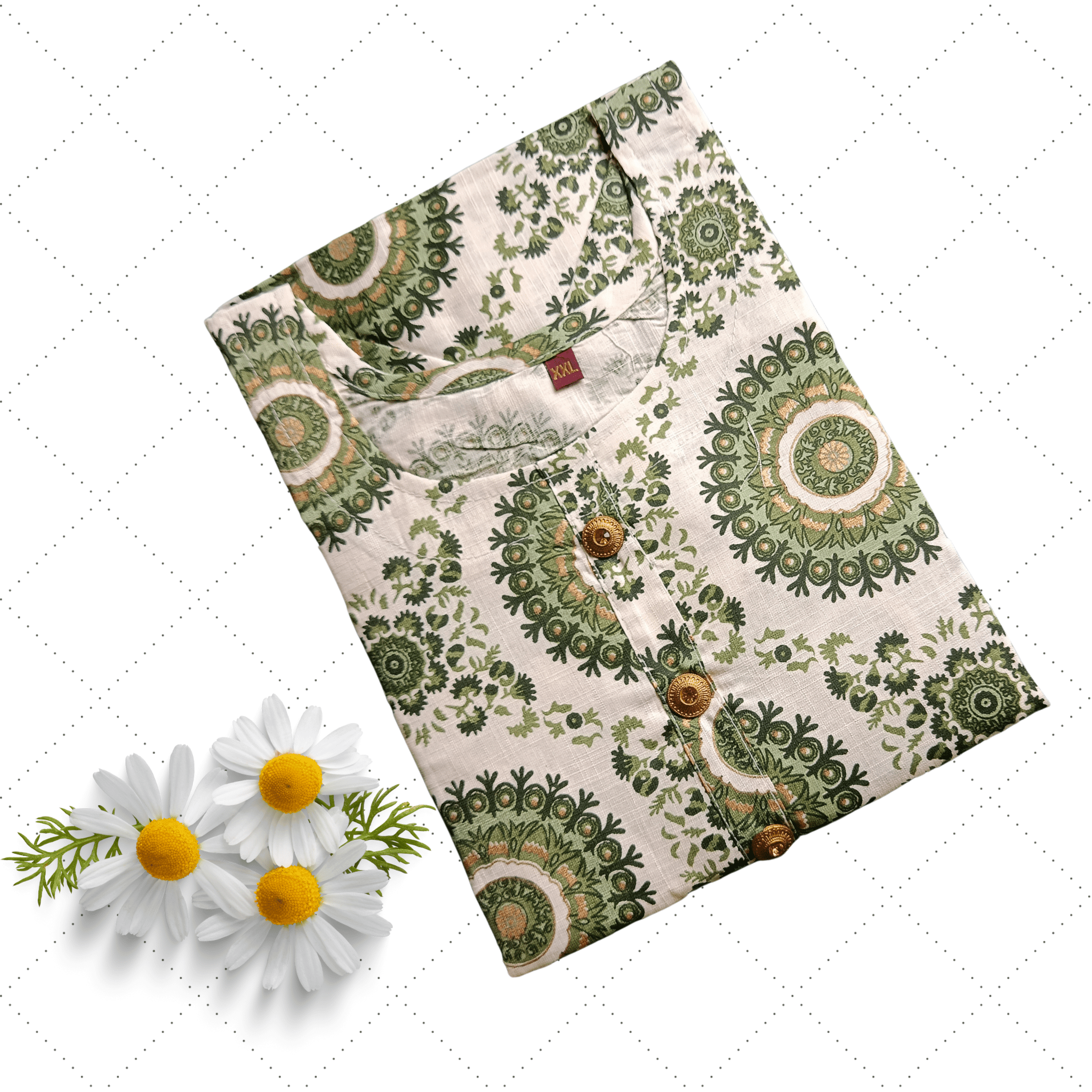 White U Neck Green Chakra Print Long Ghera Kurti Main image