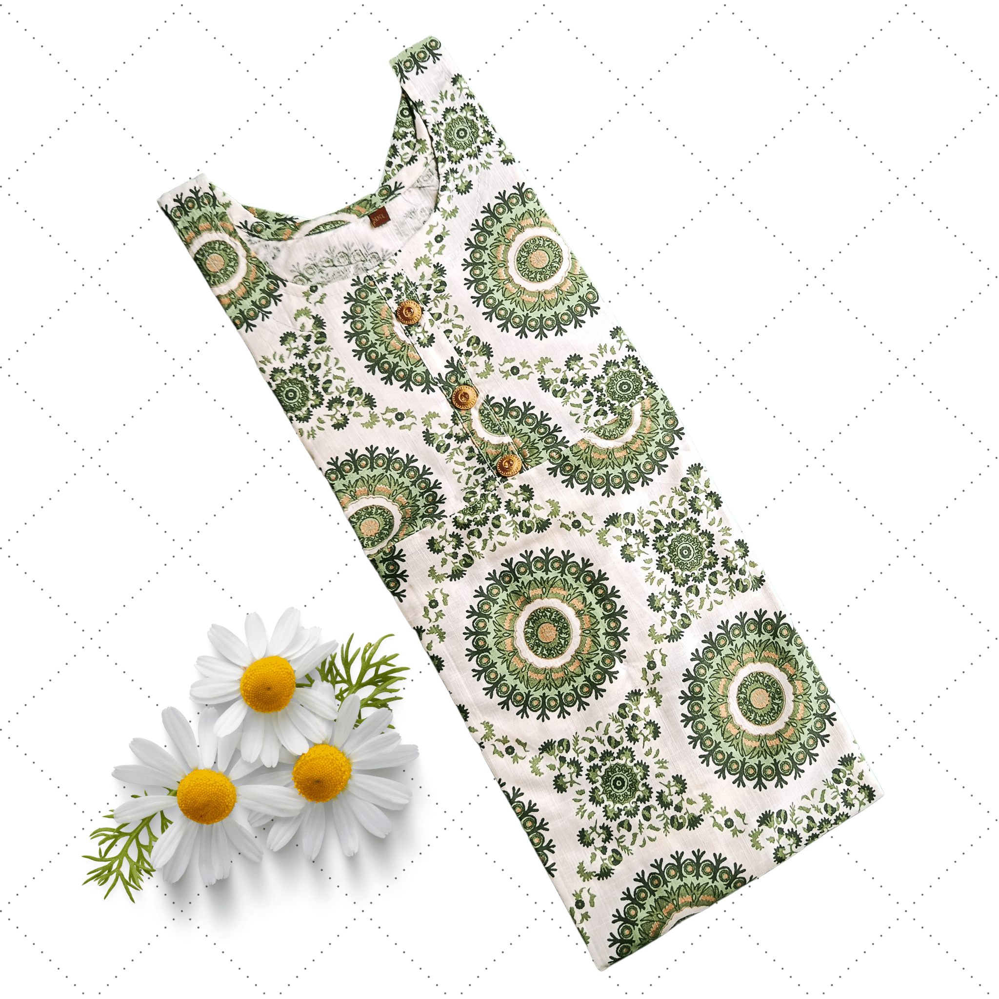 White U Neck Green Chakra Print Long Ghera Kurti Secondary image