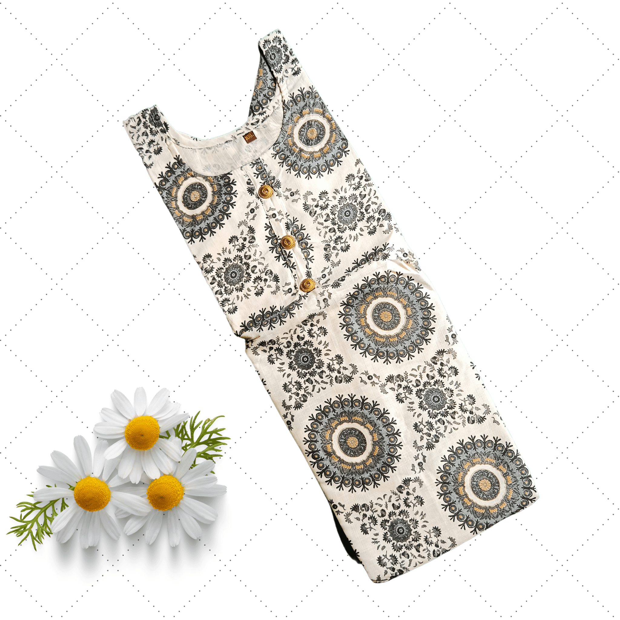 White U Neck Grey Chakra Print Long Ghera Kurti Secondary image