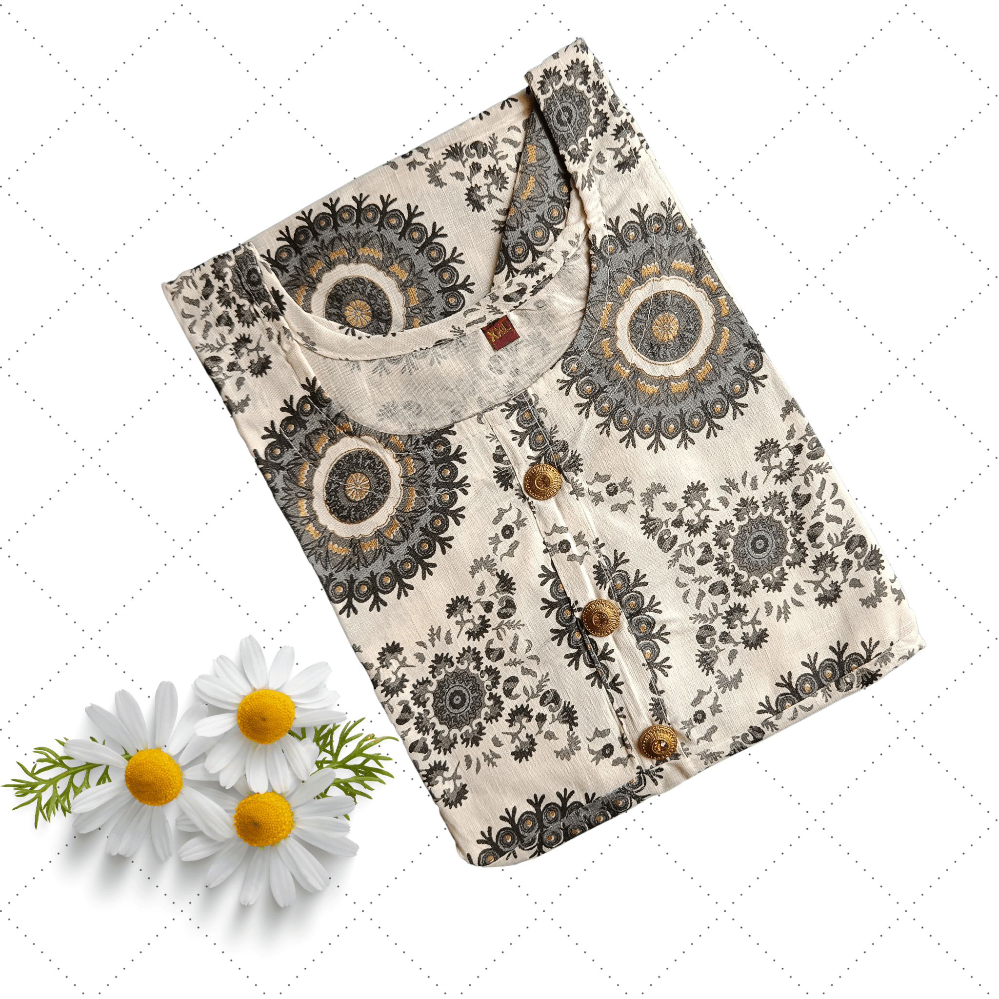 White U Neck Grey Chakra Print Long Ghera Kurti Main image