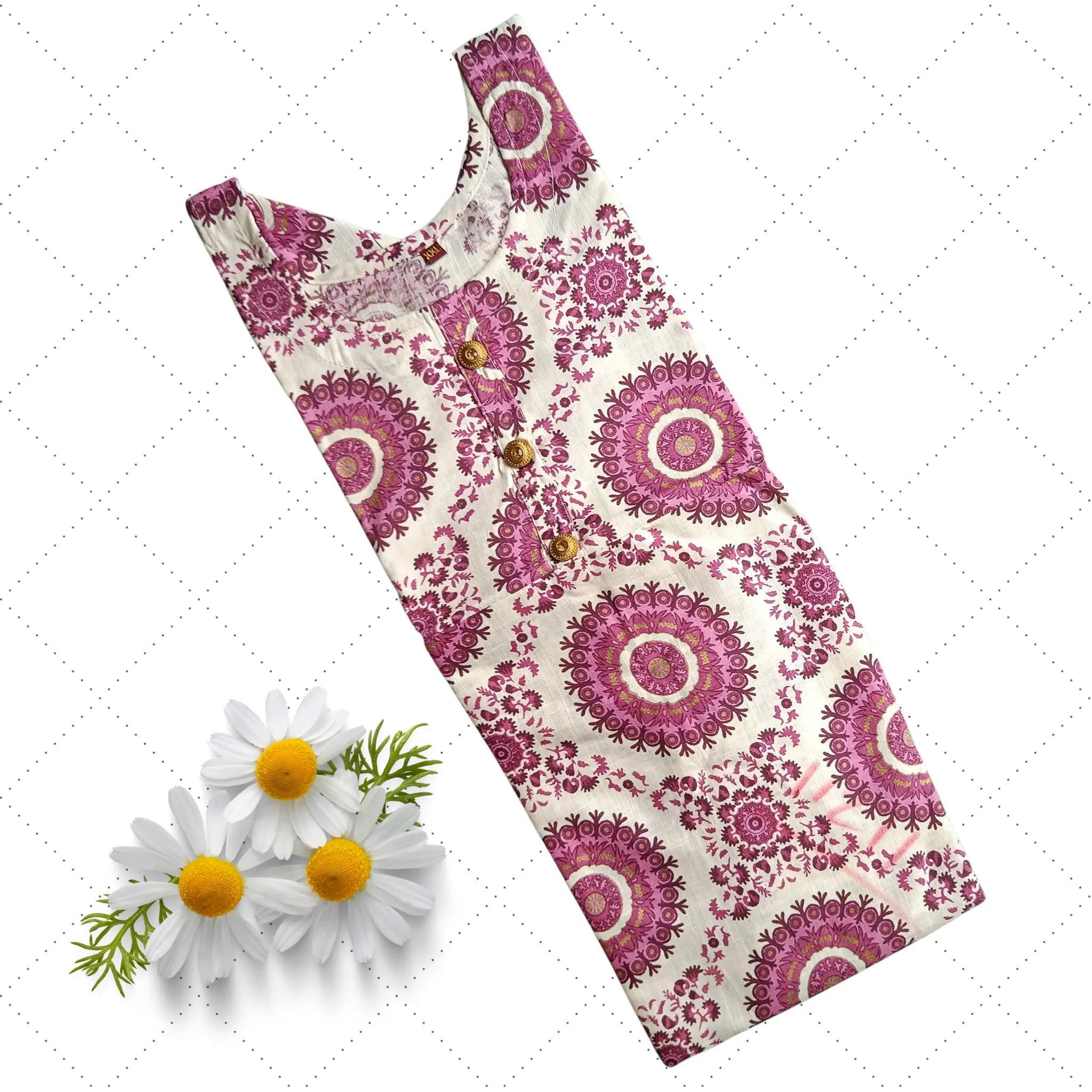 White U Neck Light Magenta Chakra Printed Long Ghera Kurta Main image