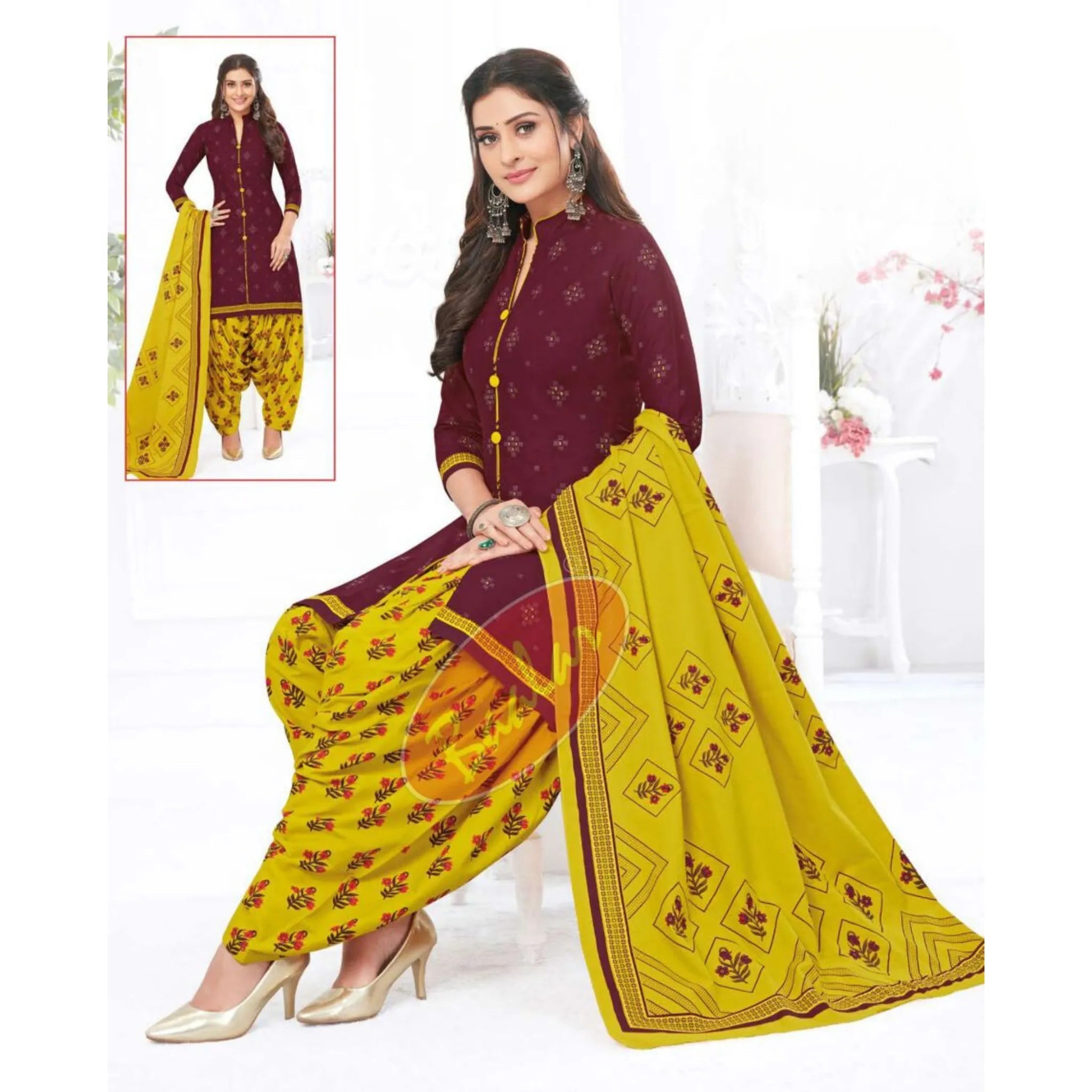 Wine Berry Top Mustard Yellow Bottom and Dupatta. Pure Versatile Cotton Patiala Dress Material Sets. Main image