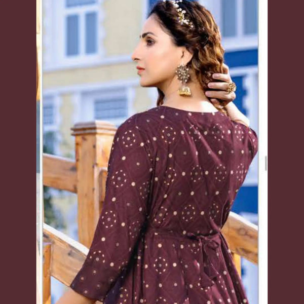 Wine Berry U- Neck Yoke Pattern Long  Reyon Kurti with Allover Golden Prints