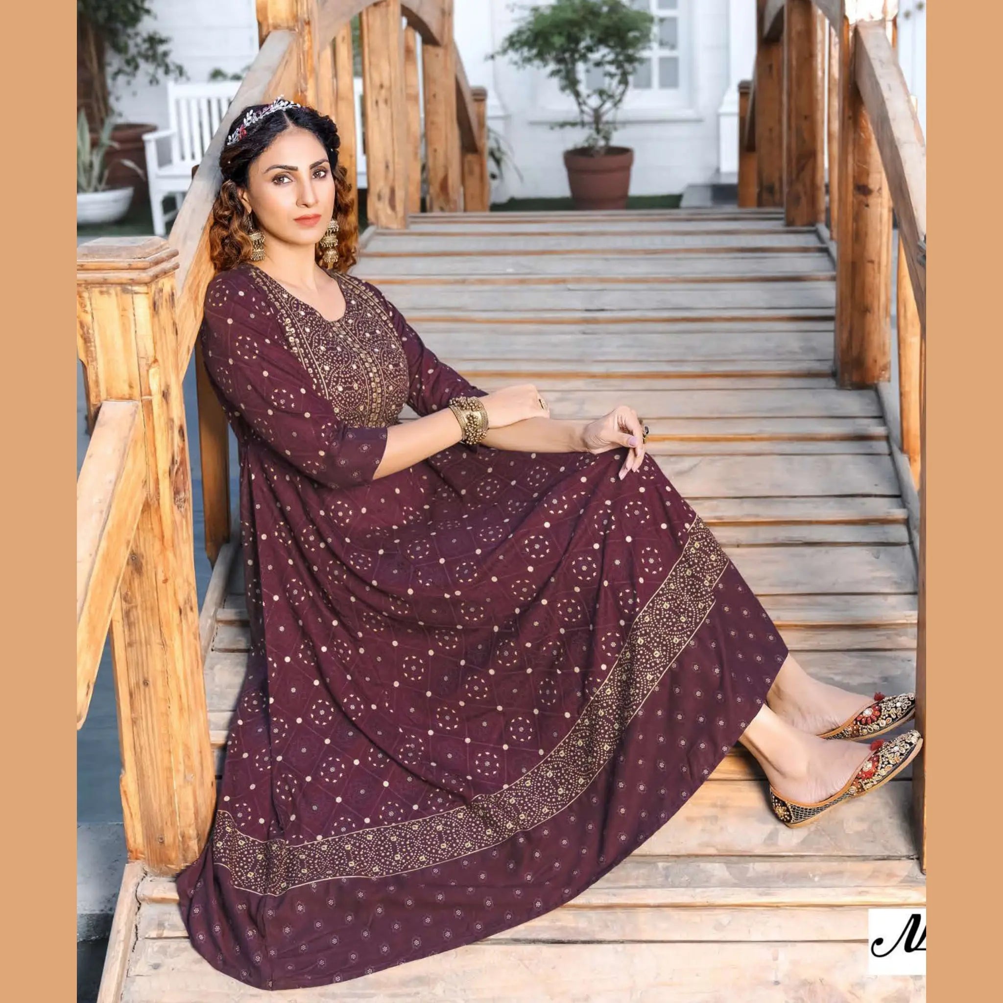 Wine Berry U- Neck Yoke Pattern Long  Reyon Kurti with Allover Golden Prints Main image