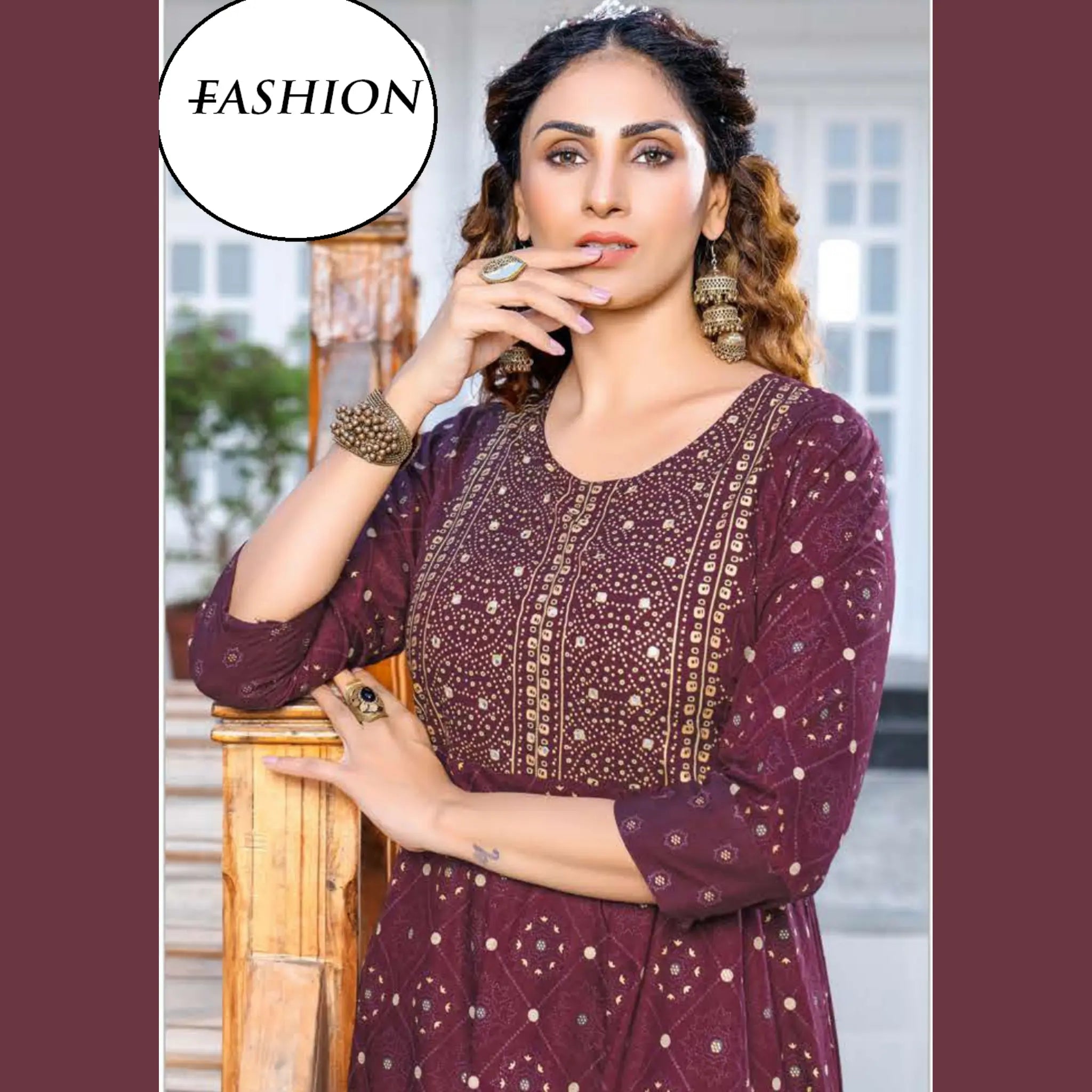 Wine Berry U- Neck Yoke Pattern Long  Reyon Kurti with Allover Golden Prints