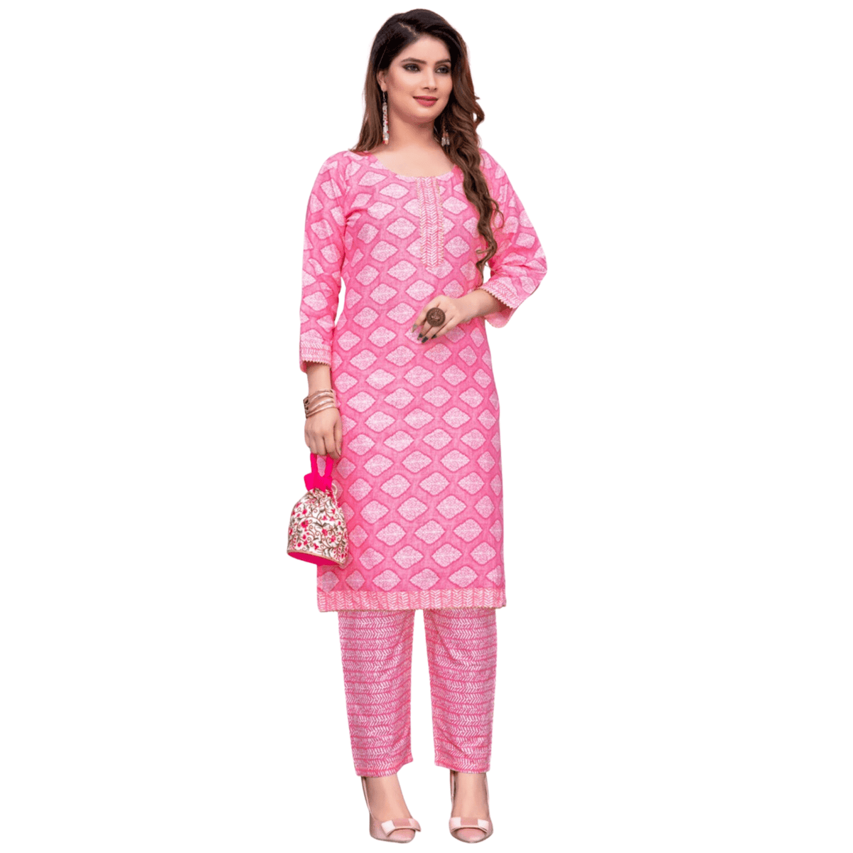 Women Cotton Readymade Kurta Baby pink with Designer Neck Patten and Stragith Cut Pant - Bavis Clothing Main image