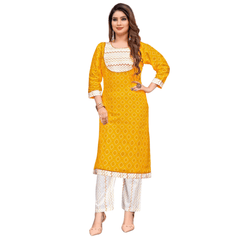 Sunny Splendor Yellow Cotton Kurti Pant Set - Made for Traditional Wear - Bavis Clothing