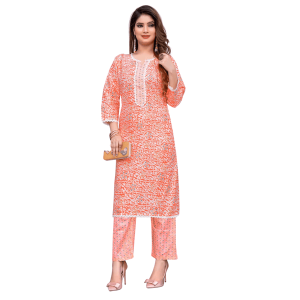 Women orange kurta with designer neck pattern with straight pant