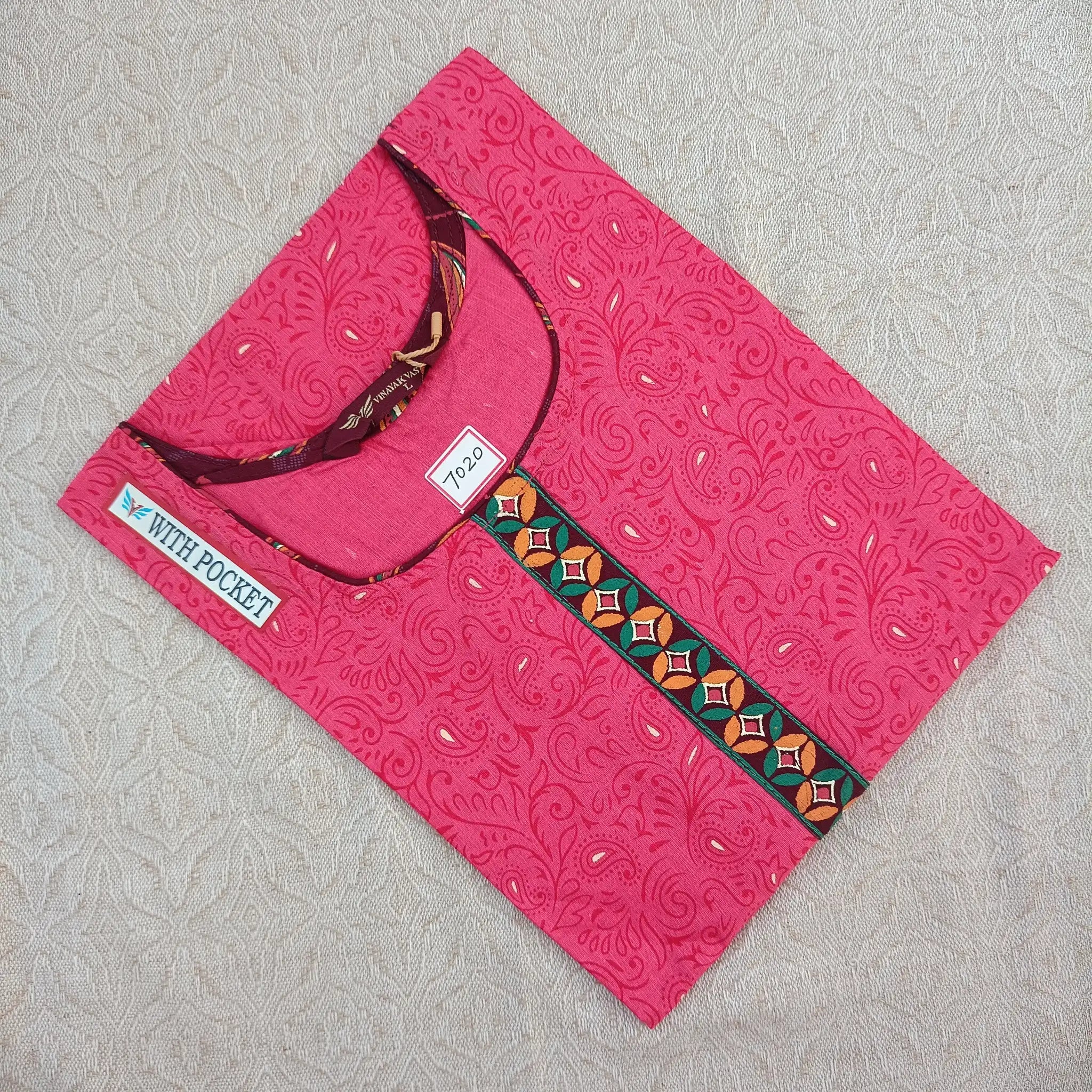 Women's Indemand Boat Neck Rose Pink Printed Kurti with Side Pocket Main image