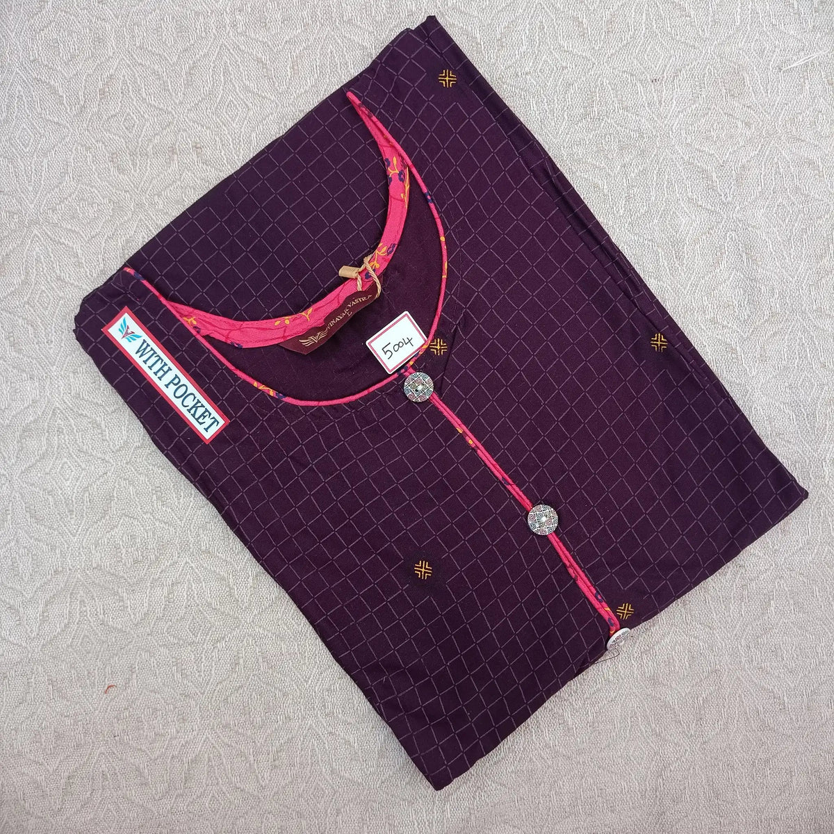 Women's U Neck Dark Purple Printed Kurti with Side Pocket