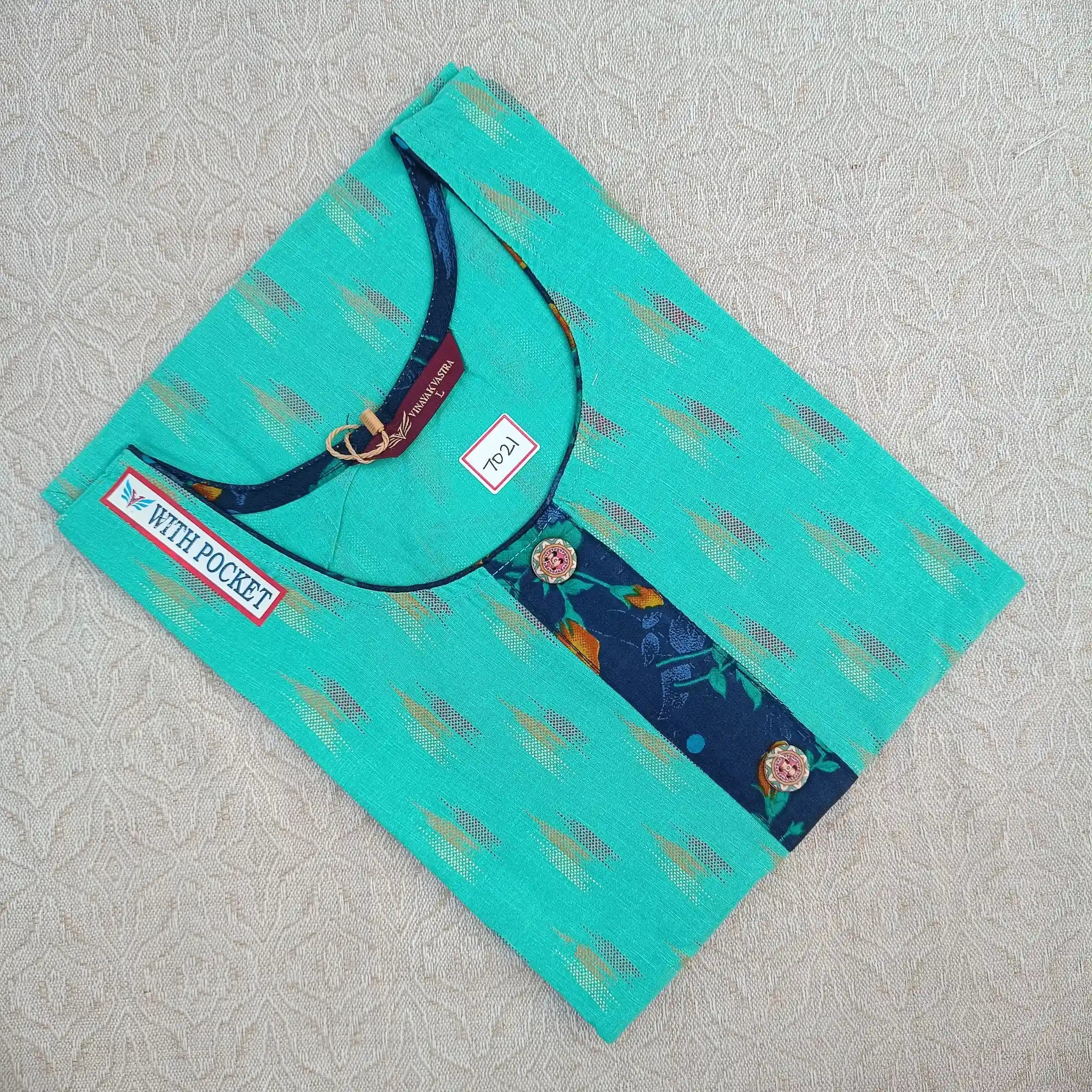Women's Stylish U Neck Bright Turquoise Printed Kurti with Side Pocket Main image