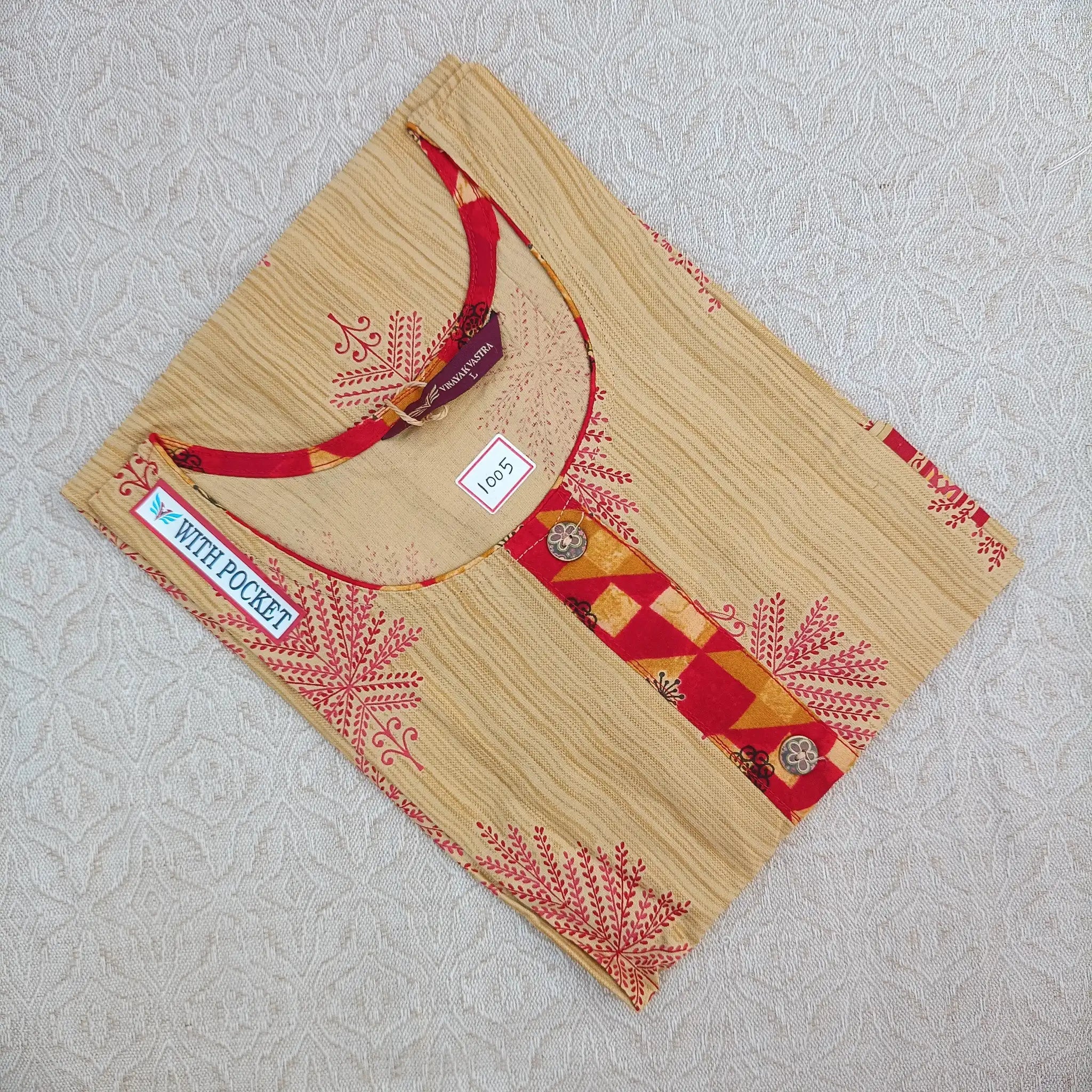 Women's Stylish U Neck Light Brown Printed Kurti with Pocket Main image