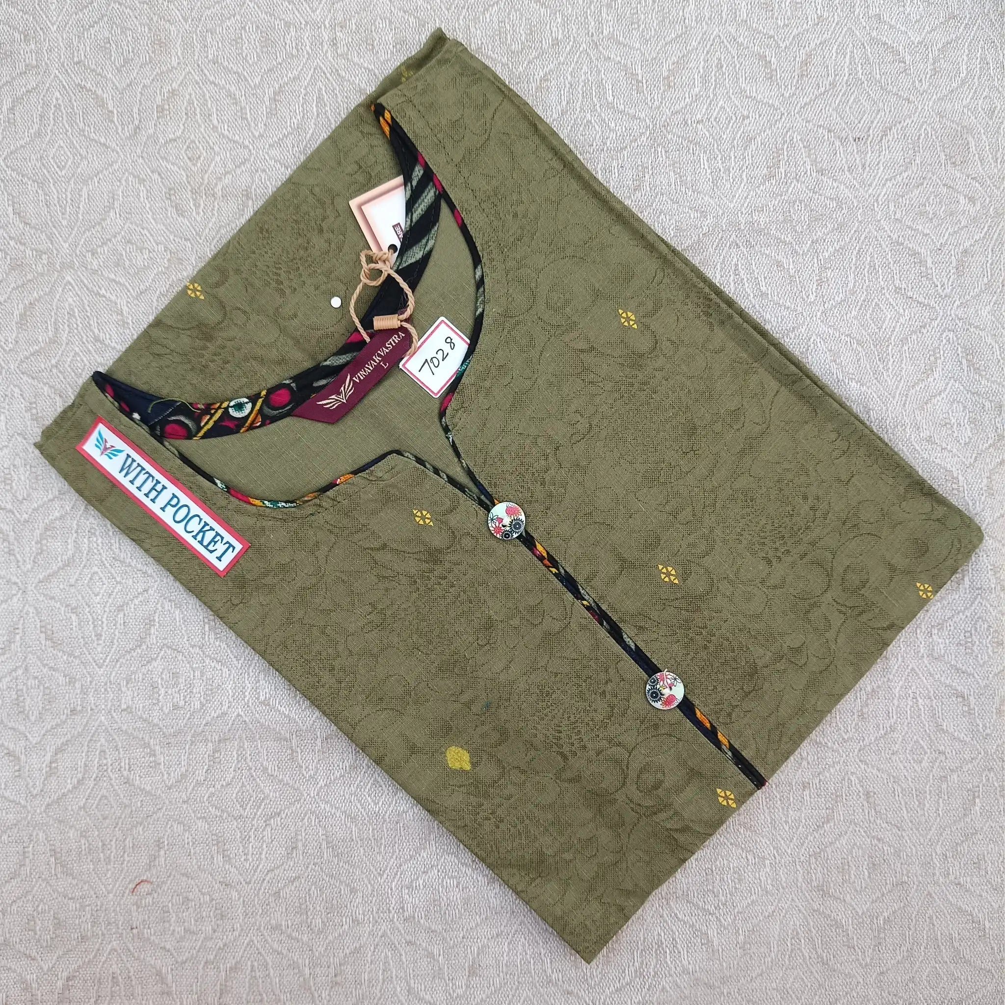 Women's Trendy Army Brown Printed Kurti with Fancy Button and Side Pocket Main image