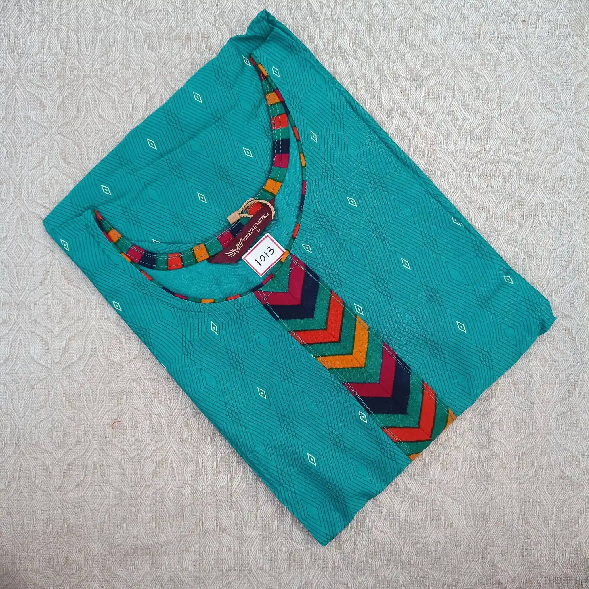 Women's U Neck Persian Green Printed Kurti with Side Pocket Main image