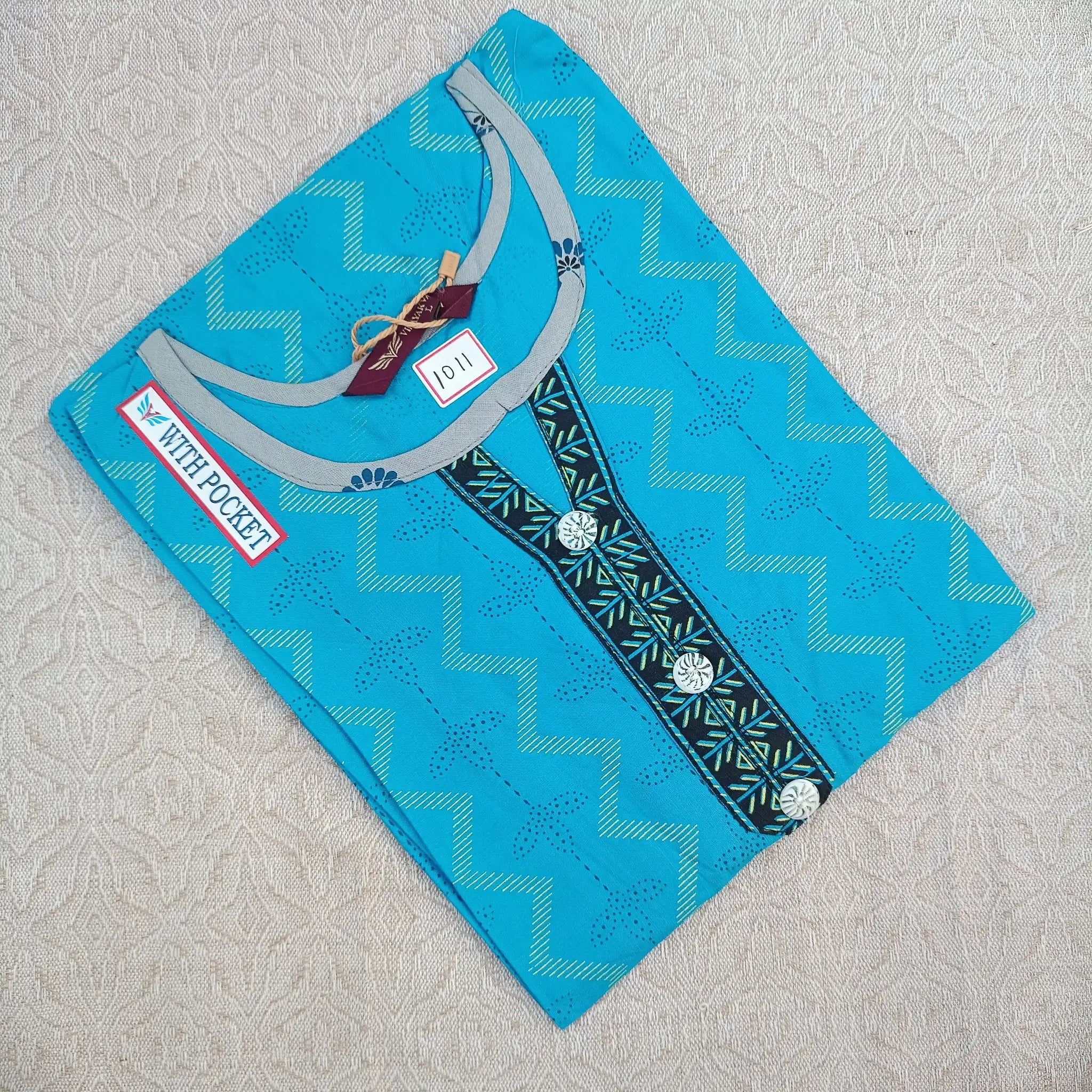 Women's U Neck Rama Blue Printed Kurti with Side Pocket Main image
