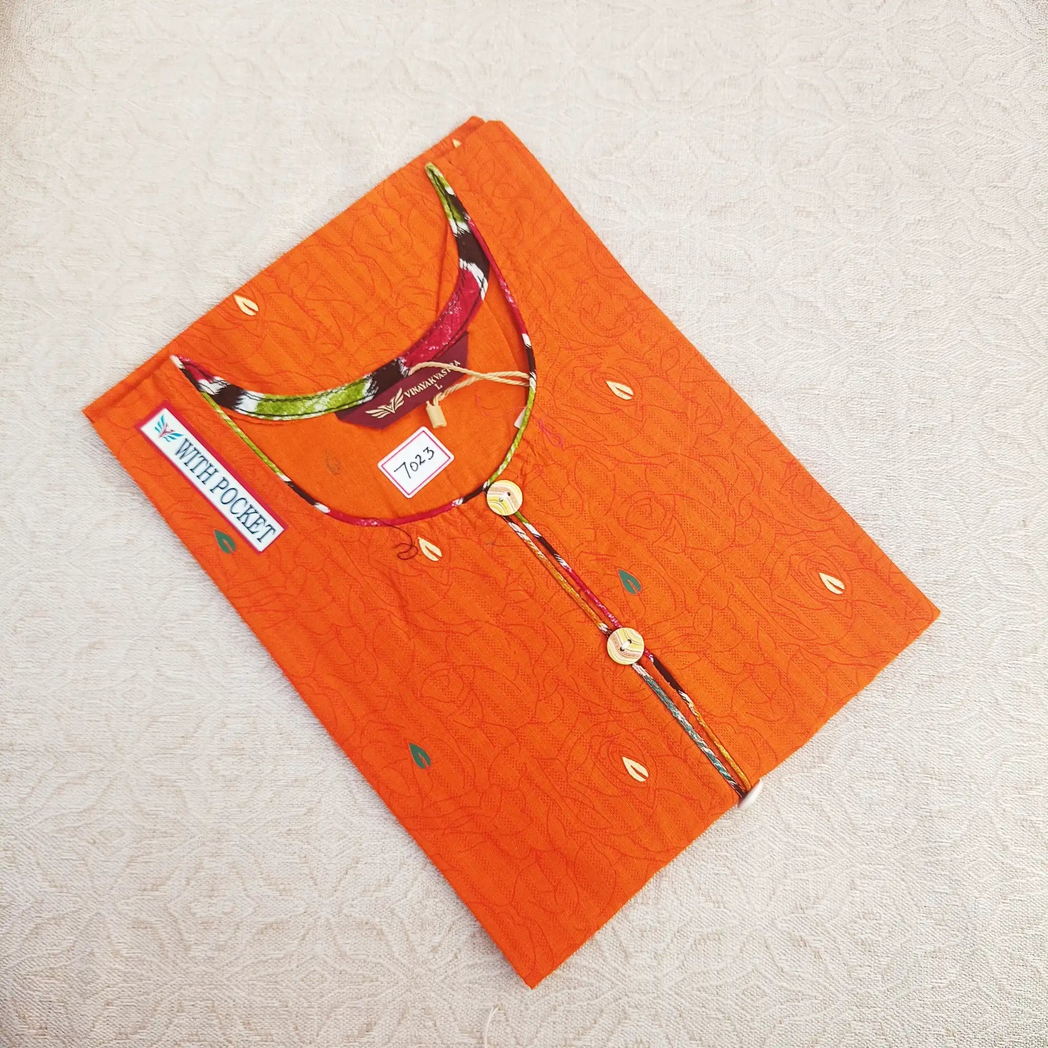 Women's U Neck Papaya Orange Printed Kurti with Side Pocket Main image