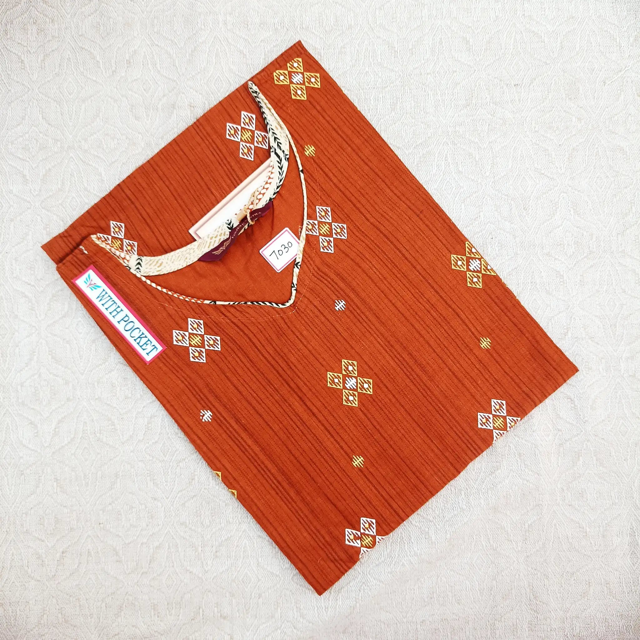 Women's V Neck Chestnut Red Printed Kurti with Pocket Main image