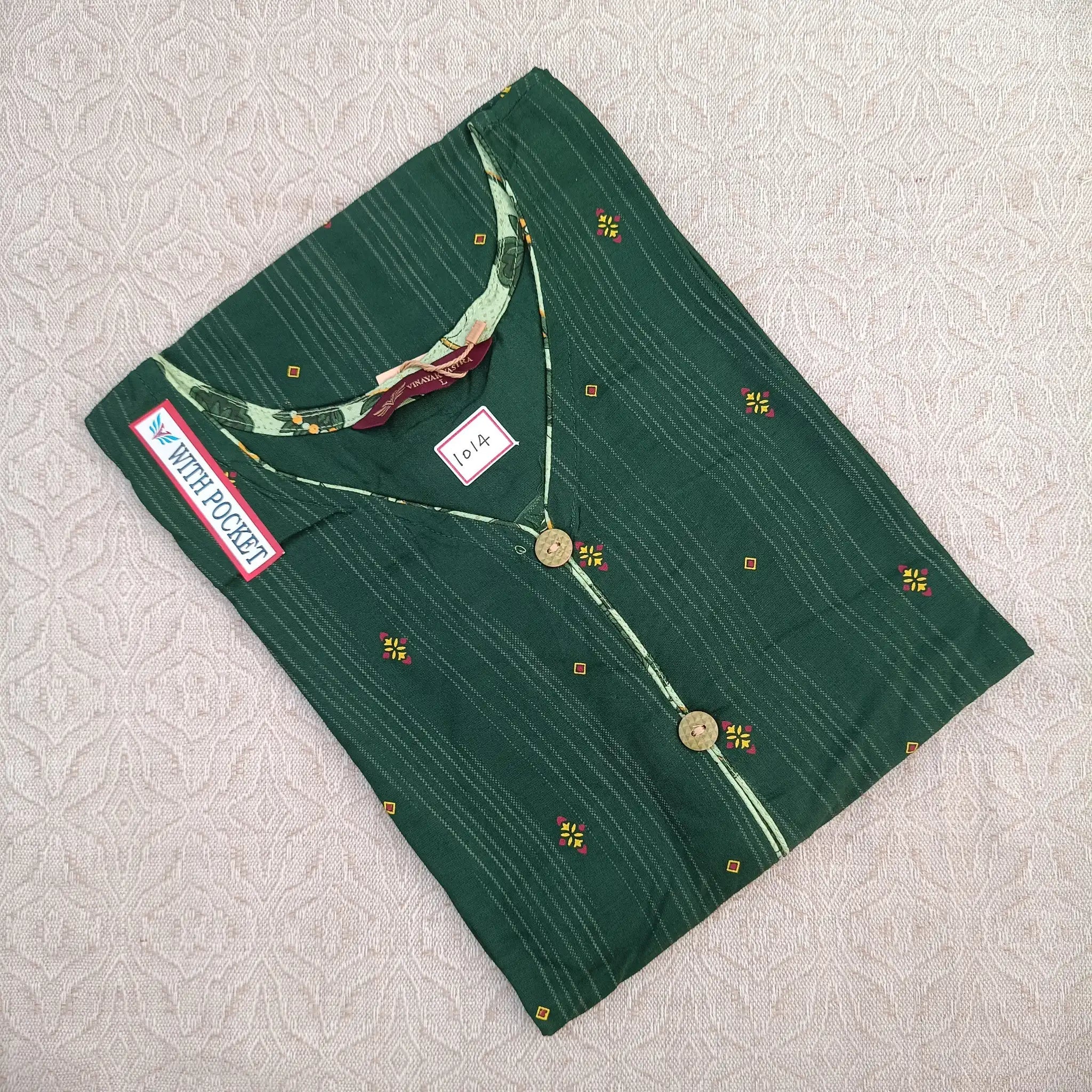 Women's V Neck Dark Green Printed Kurti with Fancy Button Main image
