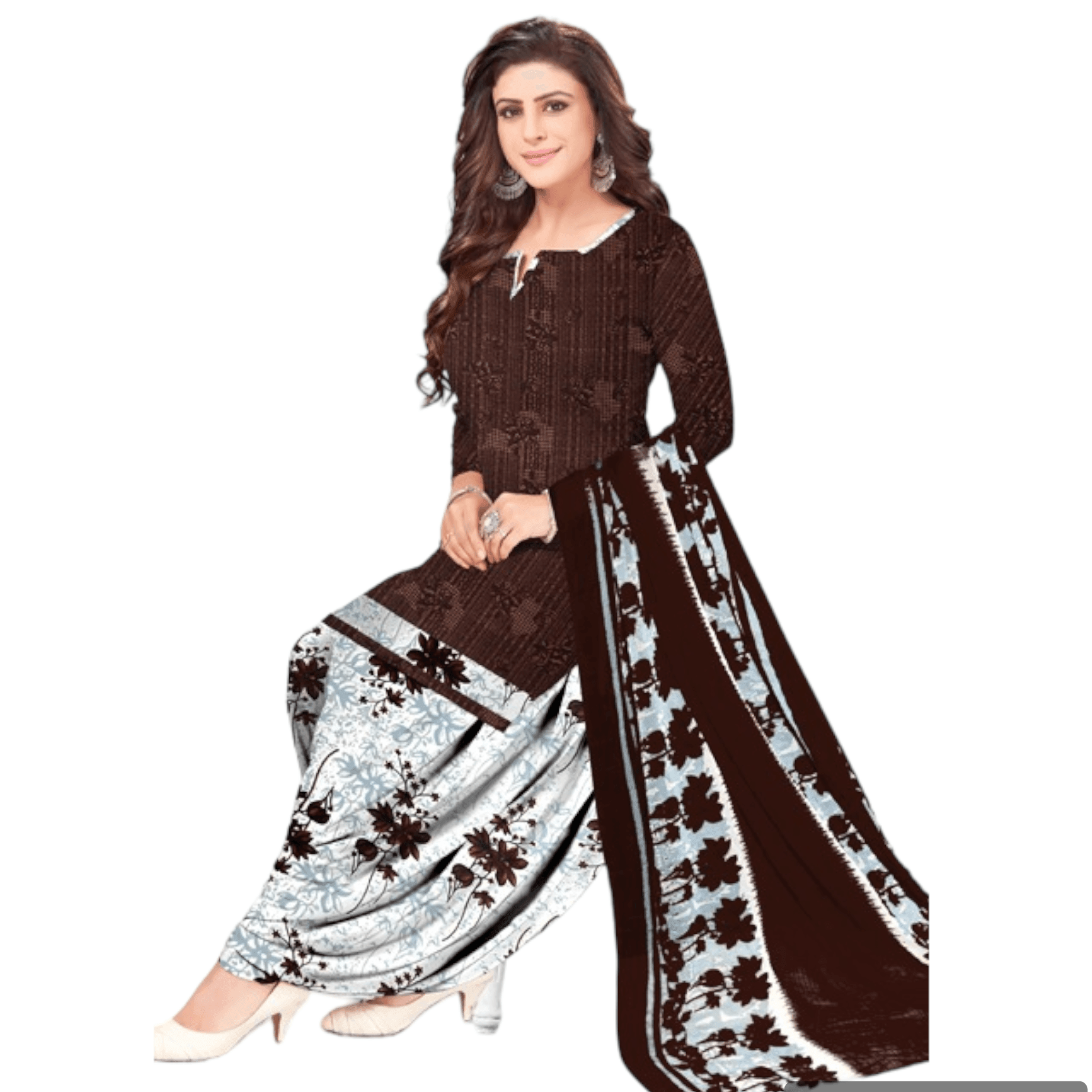 Woody Brown Top and Half White Patiala Pant Unstitched Salwar Kameez with Dupatta - Bavis Clothing Main image