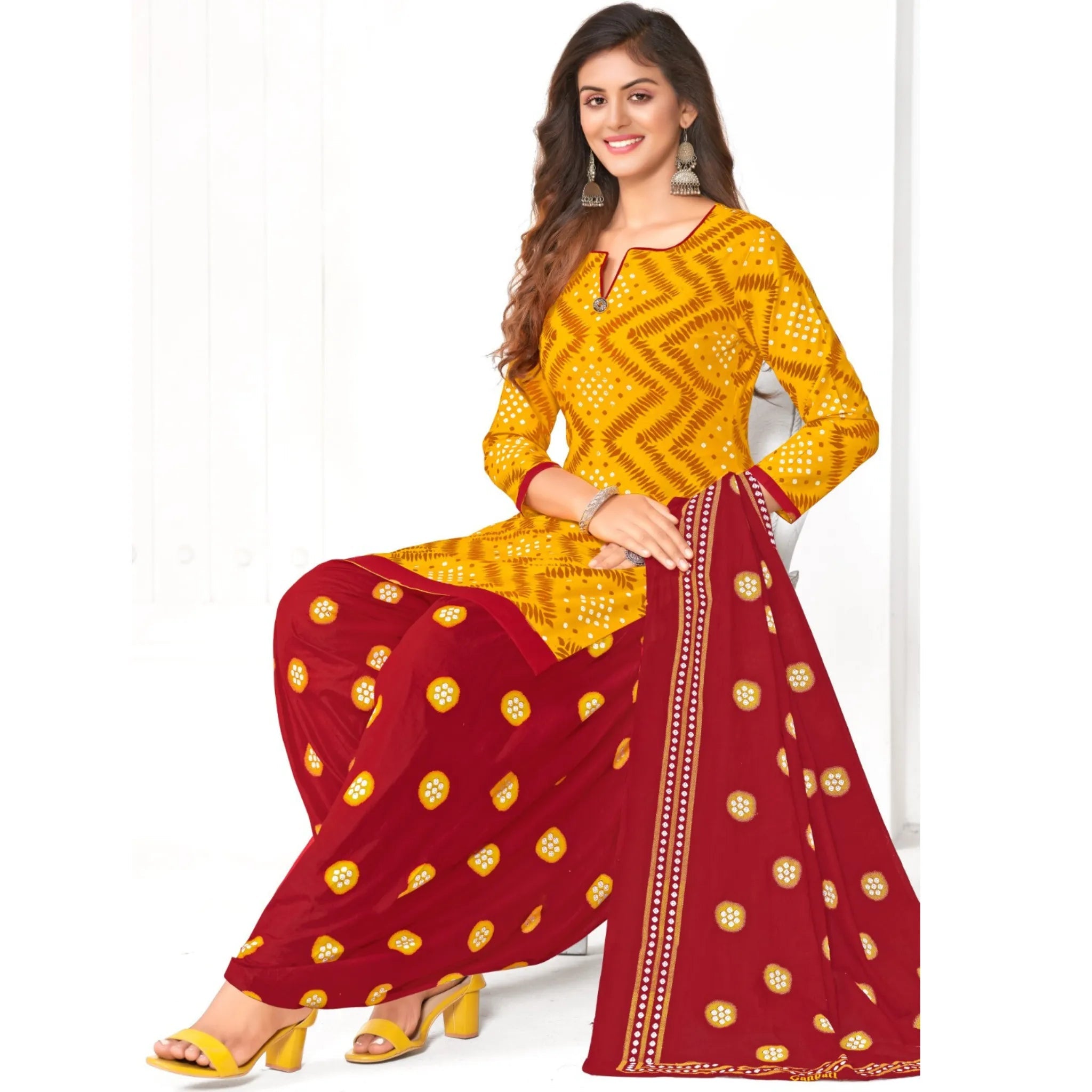 Yellow A Line Cotton Kurti with Red Patiala Pant and Dupatta Main image