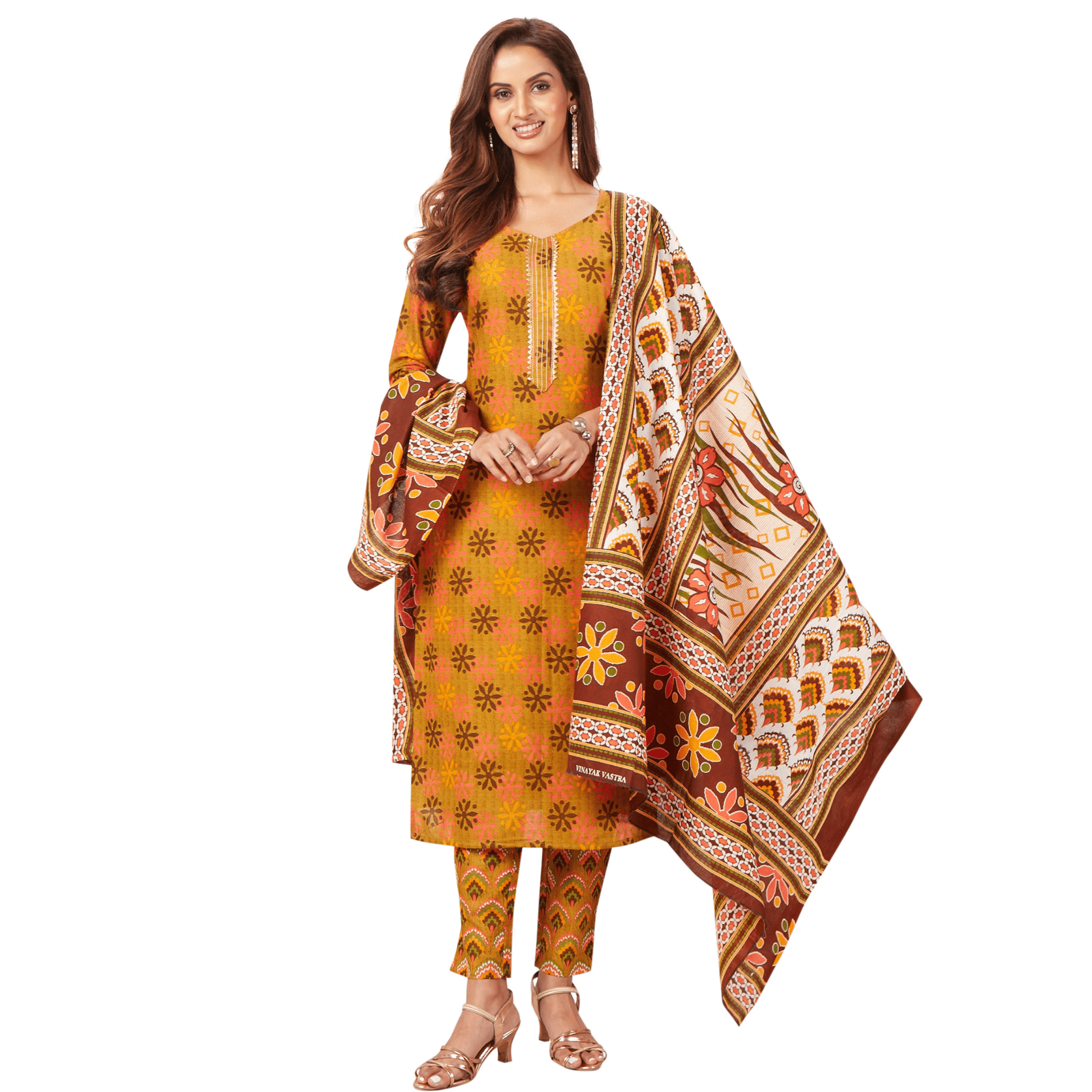 Yellow Block Print Kurti Pant and Dupatta Set Main image