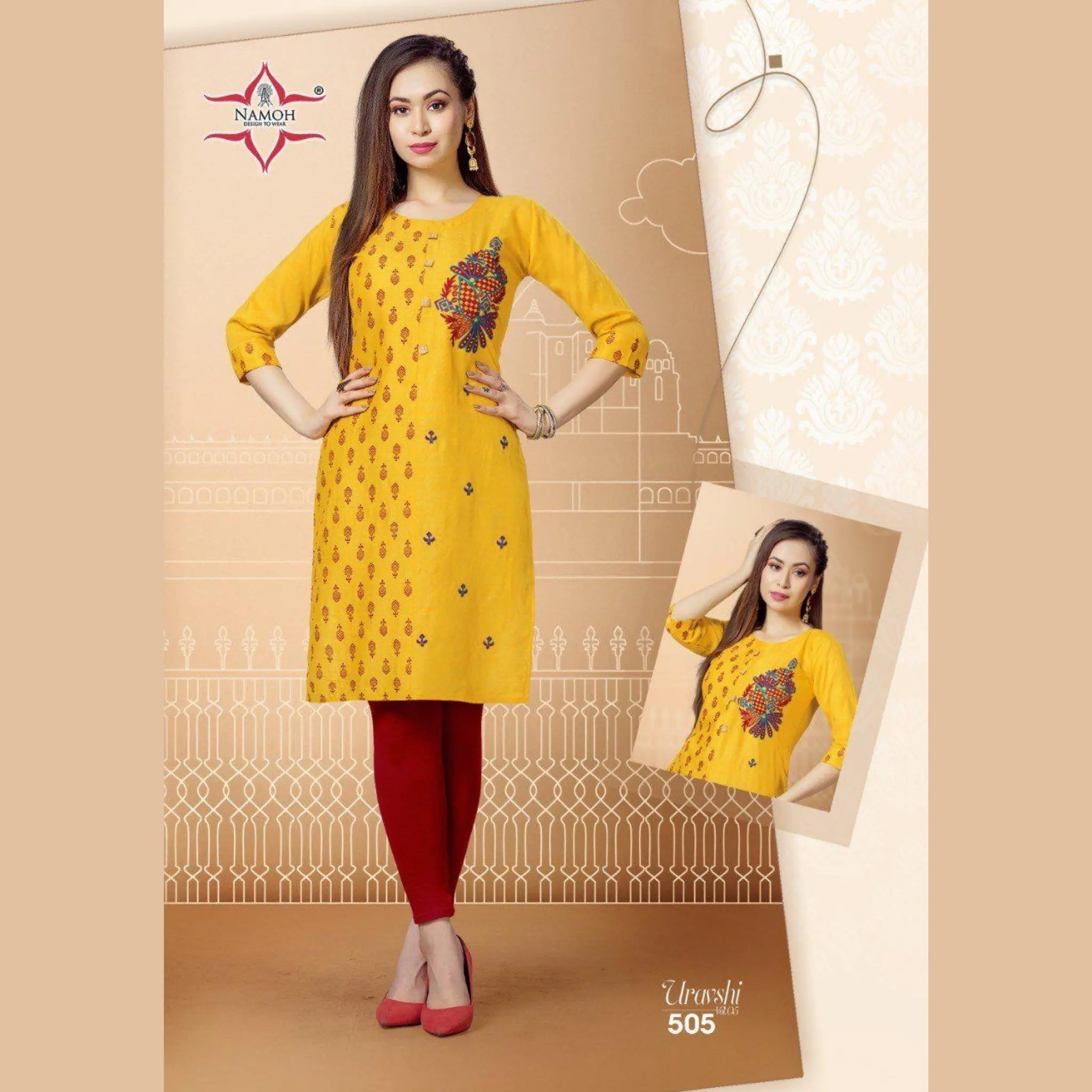 Yellow Rayon Two Tone Straight Kurti with Embroidery Main image