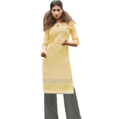 Yellow U Neck Cotton Printed Straight Cut Kurta