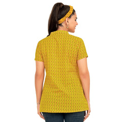 Yellow Wave Pattern Mandarin Collar Neck Short Tops for Women