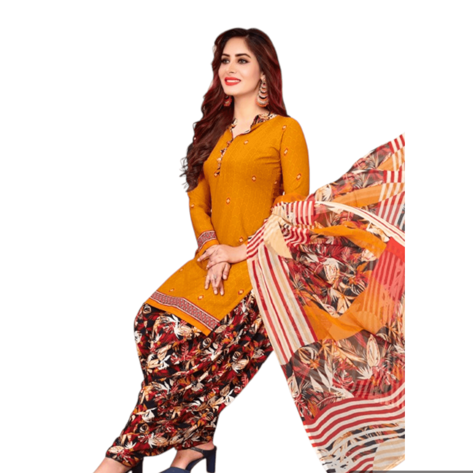 Yellow Orange Salwar Kameez with Floral Patiala & dupatta- Order now. synthetic churidar material set - Bavis Clothing Main image